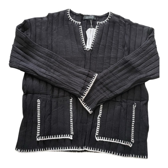 Black and White Ribbed Bell Sleeve Sweater Tops - Picture 5 of 10